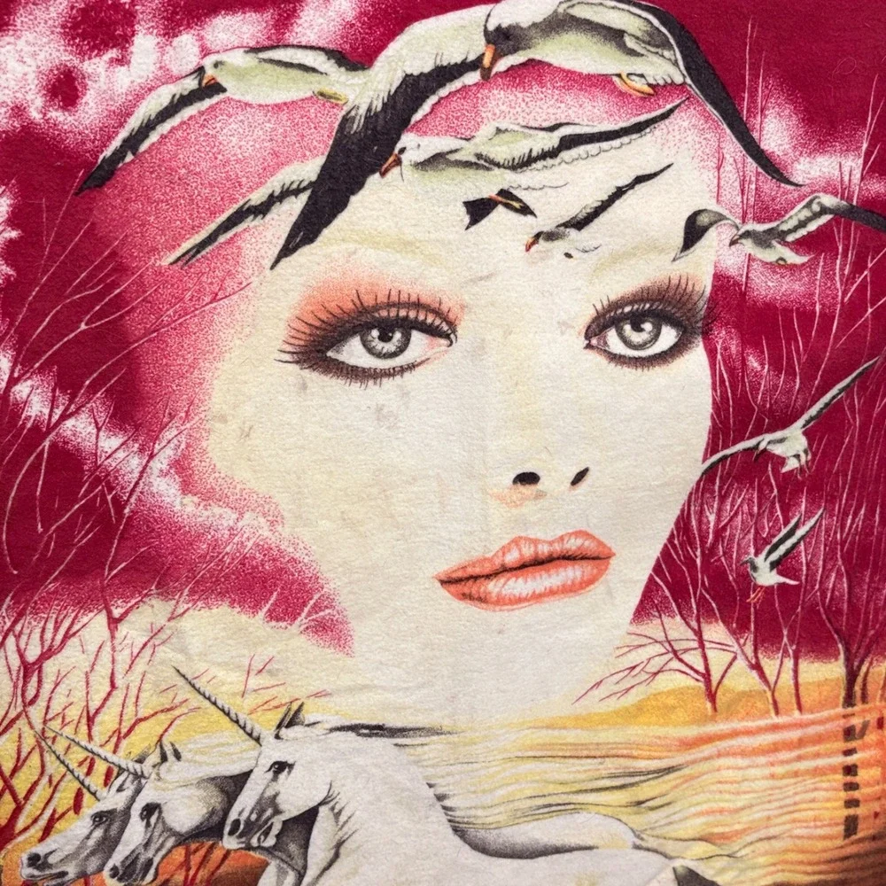 VTG 90s Surreal Surrealism Face Unicorn Seagull Tapestry Wall Hanging Fantasy